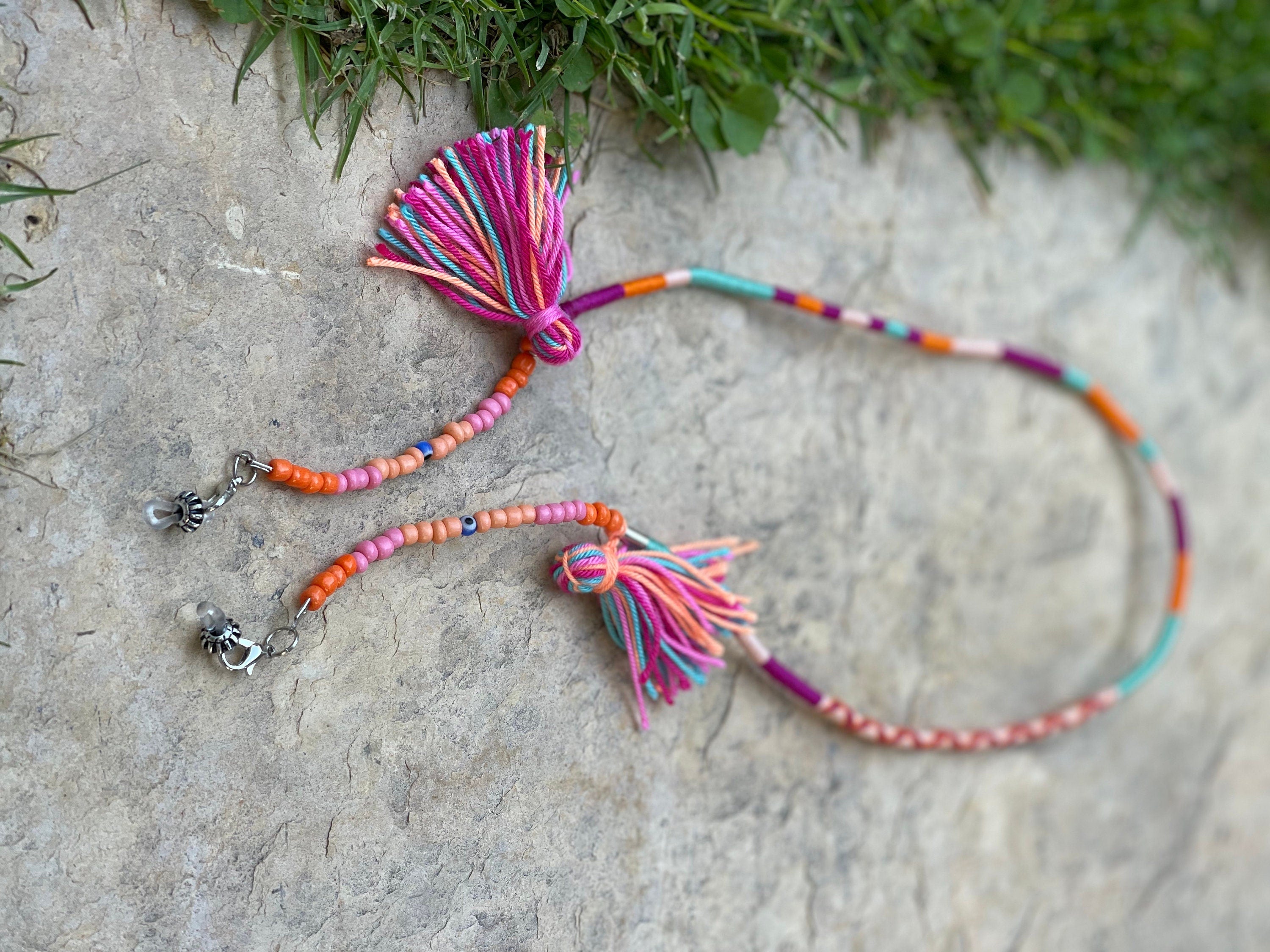 Beaded Sunglasses Chain with Tassel – Colorful Eyeglass Strap, Boho Glasses Holder, Eyewear Lanyard