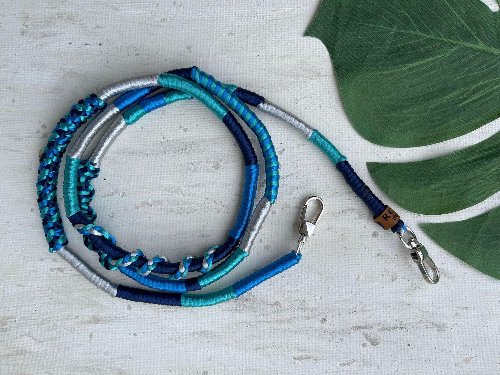 Blue Silver Shiny Satin Mobile Phone Lanyard Cord Strapswith leaf