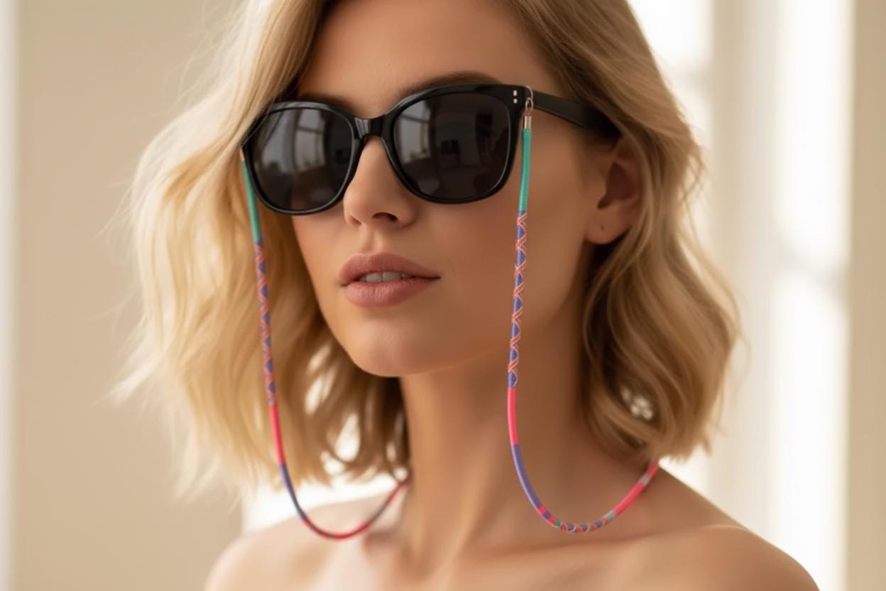 Handmade colorful sunglass strap used as eyewear retainer chain for sunglasses and glasses