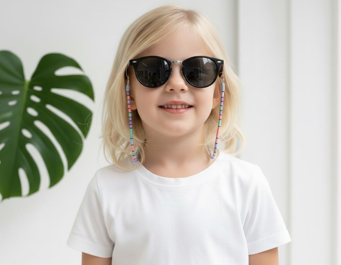 A child wearing black round sunglasses with a colorful pastel wrapped rope strap, smiling, with a white t-shirt and a monstera plant in the background.