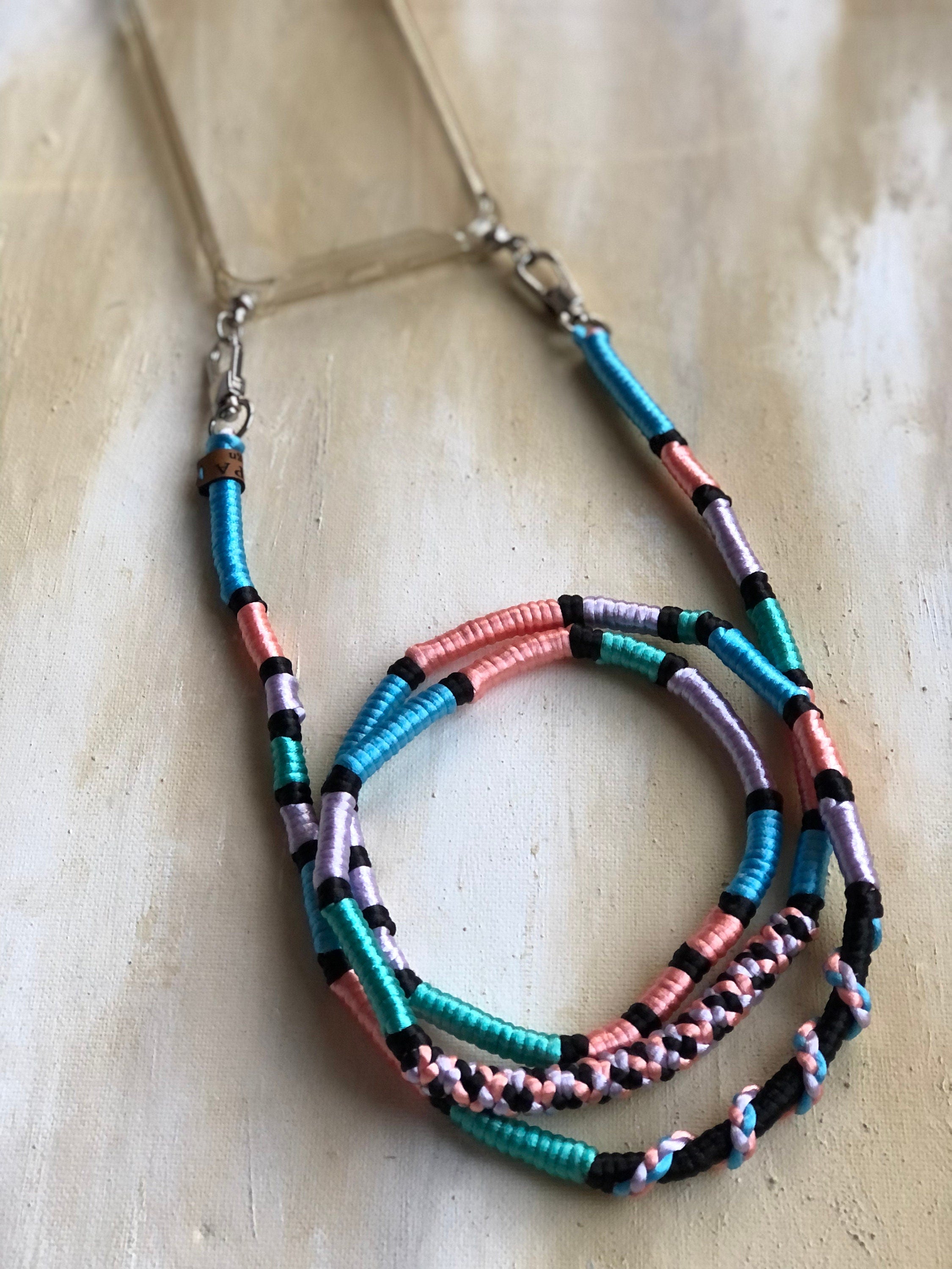 Neon Blue Pink Shiny Satin Wrapped Yarn Mobile Phone Lanyard Cord Straps