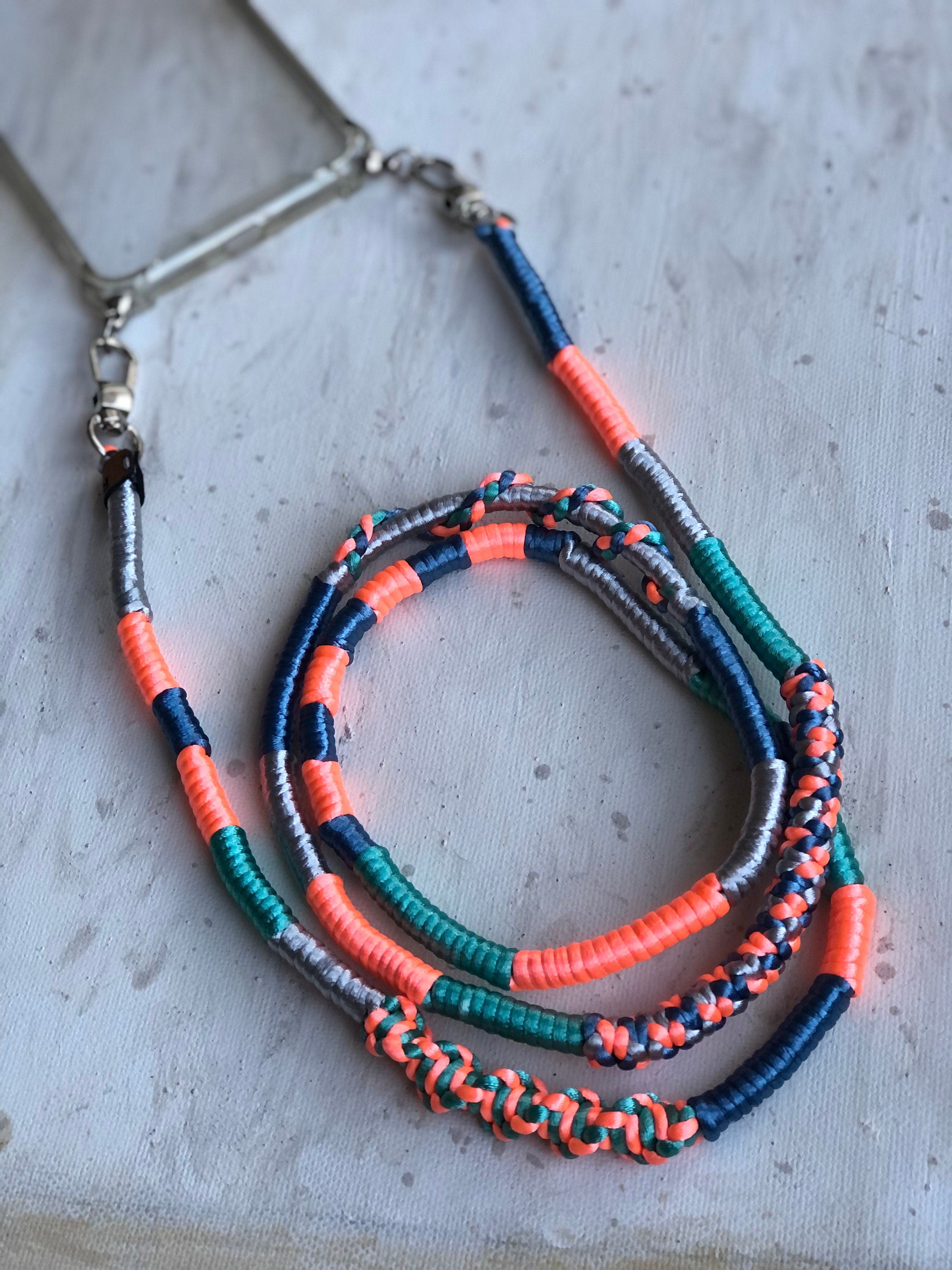 Neon Orange Green Shiny Satin Wrapped Yarn Mobile Phone Lanyard Cord Straps