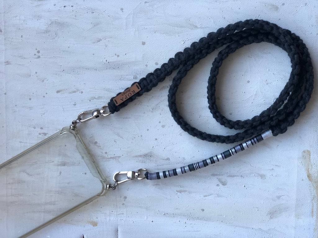 Phone Lanyard, Crossbody Black Gray Strap