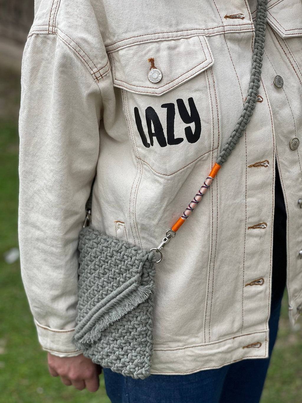 Greymacrame phone small bag with orange grey wrapped strap lanyard